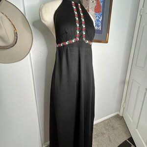 Vintage 70s Lanz Elegant Black Halter Dress with Floral Accents